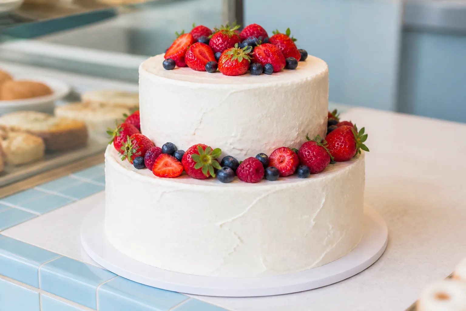 Celebration cake decorated with fruit and cream