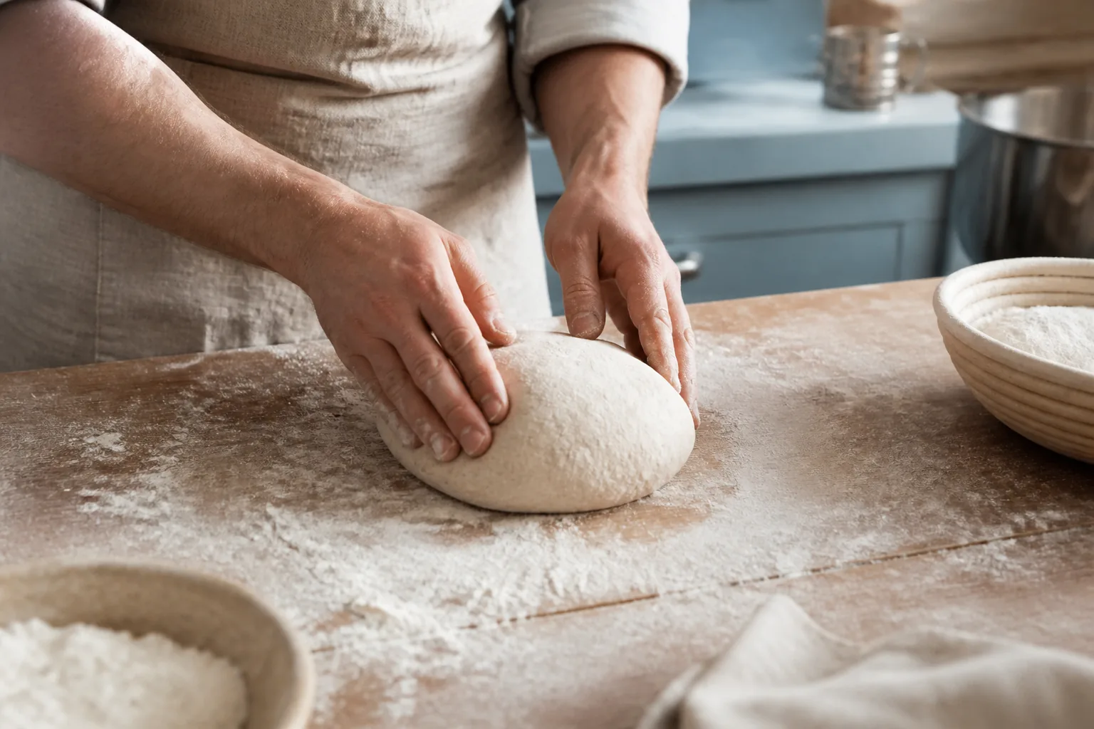 Baker shaping fresh bread dough by hand