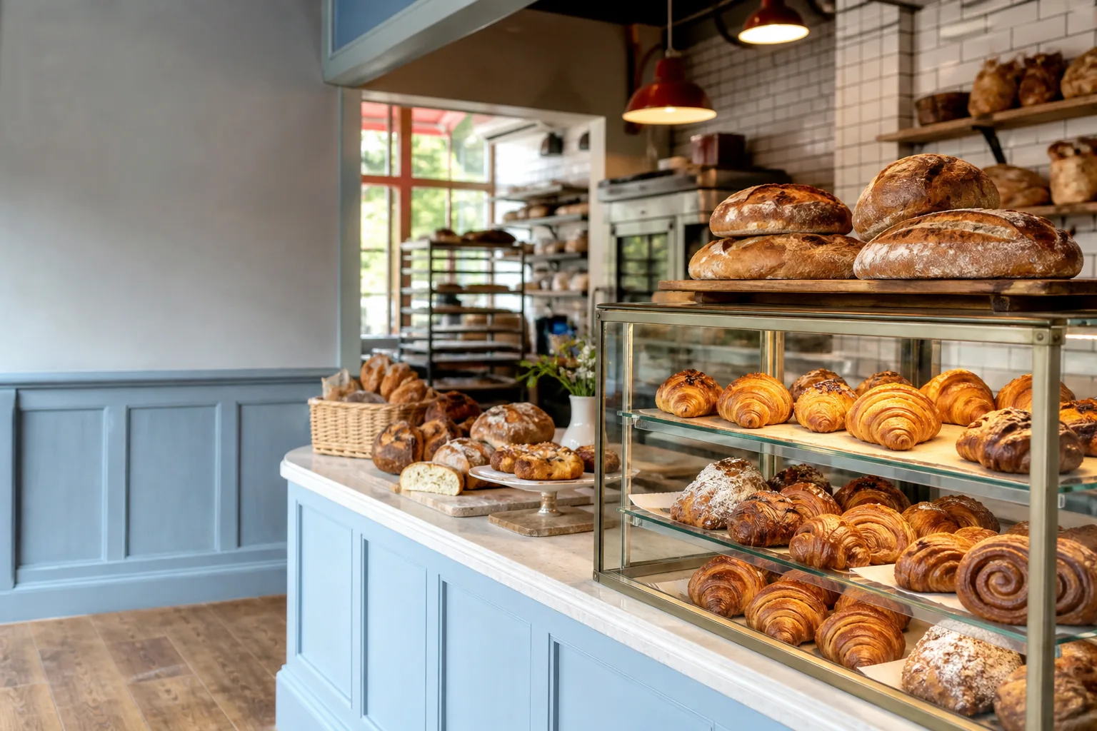 Fresh pastries and bread displayed inside a neighborhood bakery