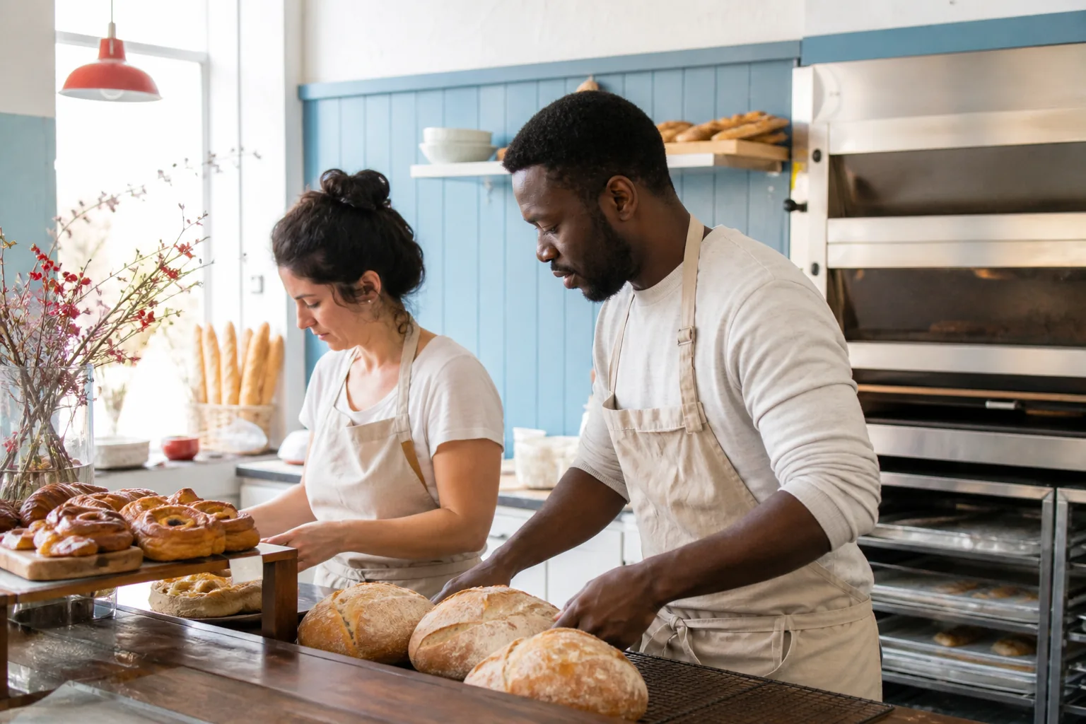 Friendly bakery team standing behind the counter