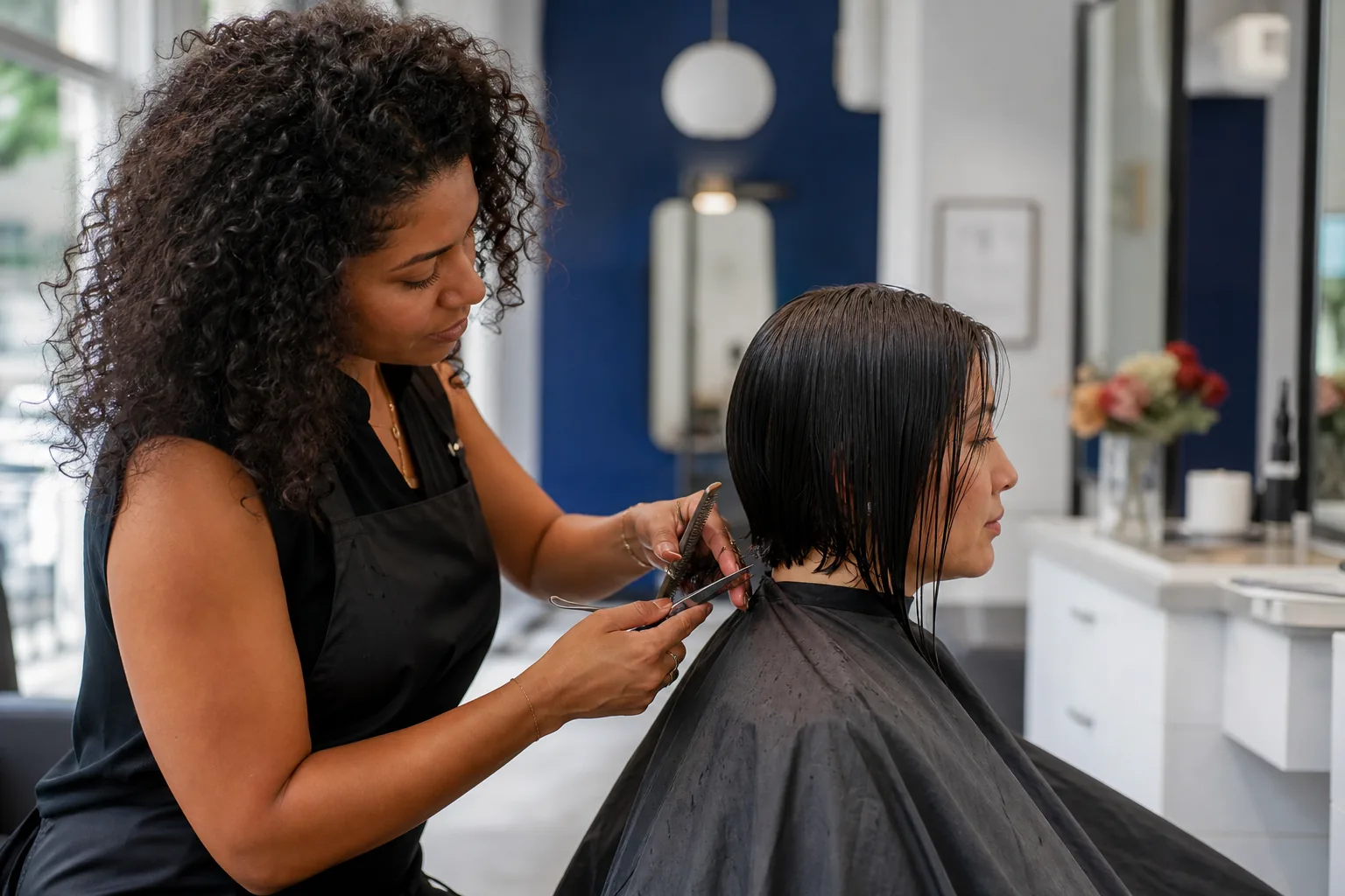 Stylist carefully cutting a client's hair