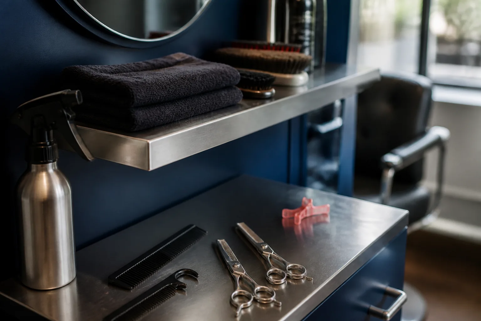 Professional salon tools arranged at a clean station