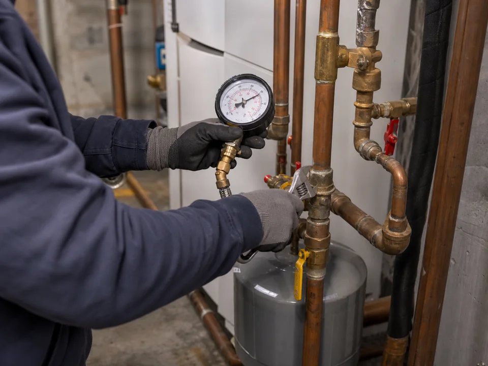 Heating technician checking a residential boiler system